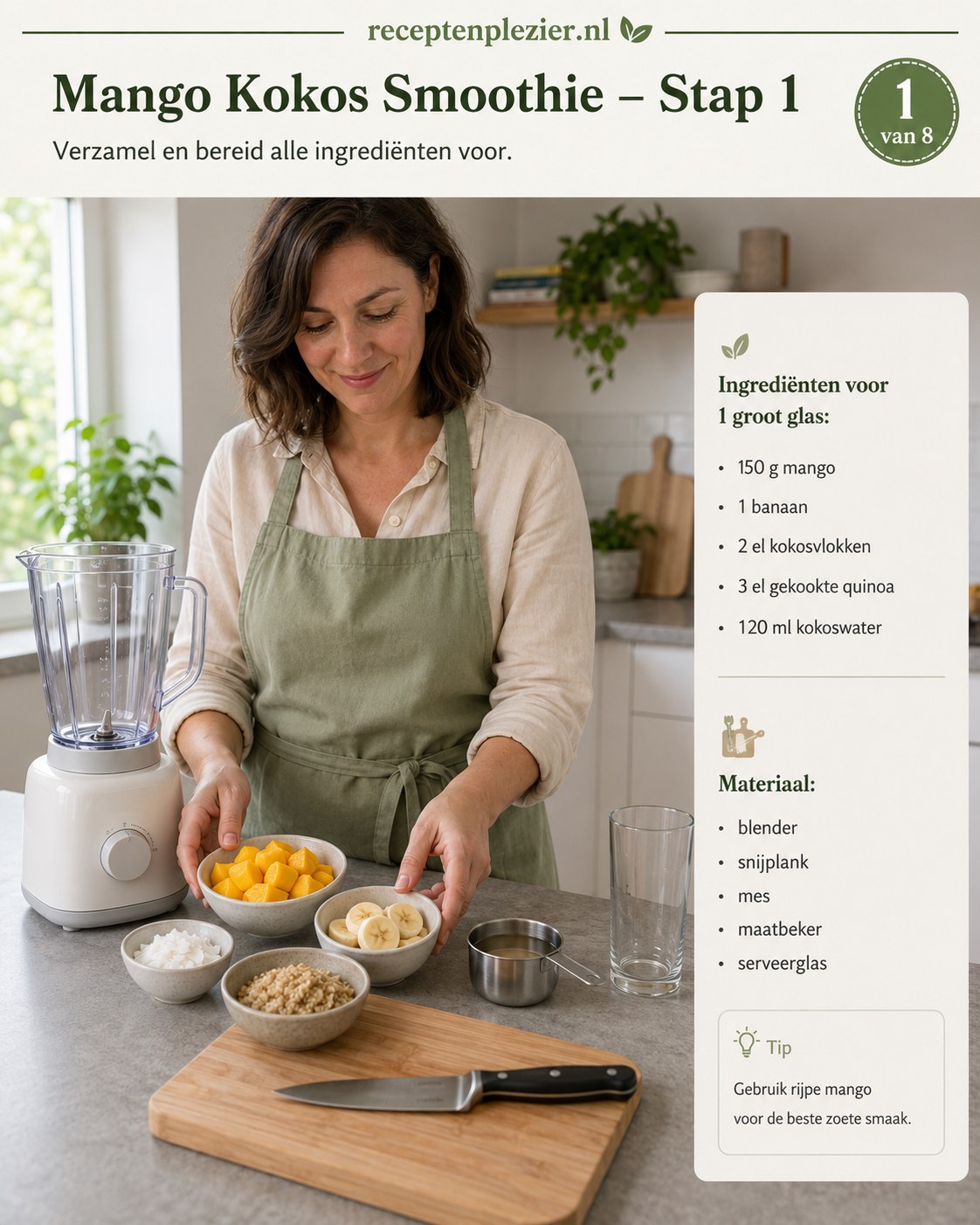 Alle ingrediënten voor gezond ontbijt meal prep klaargezet naast blender op het aanrecht