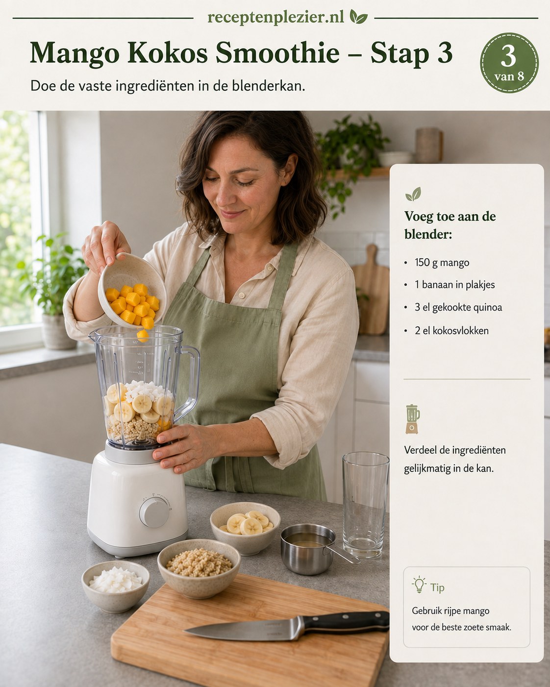 Mango en banaan gaan in de blenderkan bij het bereiden van gezond ontbijt meal prep