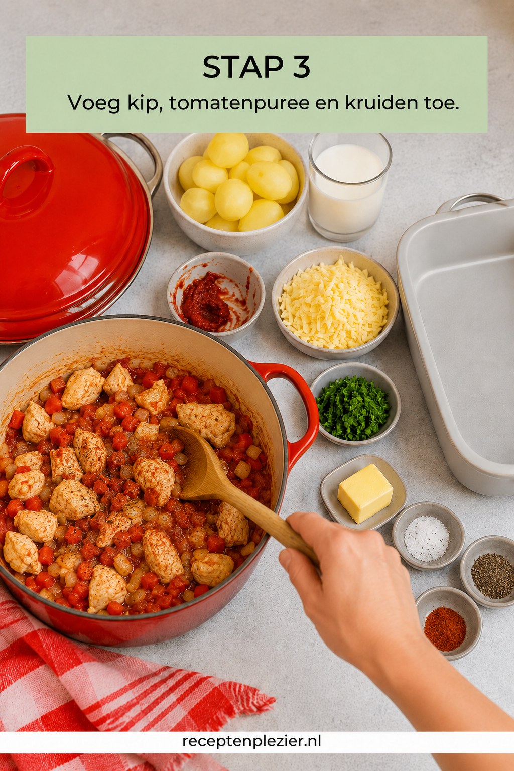Kipblokjes, tomatenpuree en kruiden toegevoegd aan de pan voor jachtschotel met kip en kaas