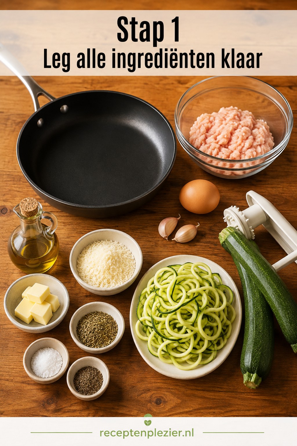 Alle ingrediënten voor kipgehaktballetjes met courgetteslierten klaargezet op het aanrecht