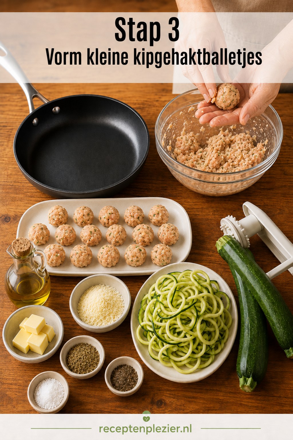 Kleine kipgehaktballetjes met courgetteslierten vormen met vochtige handen op een schaal