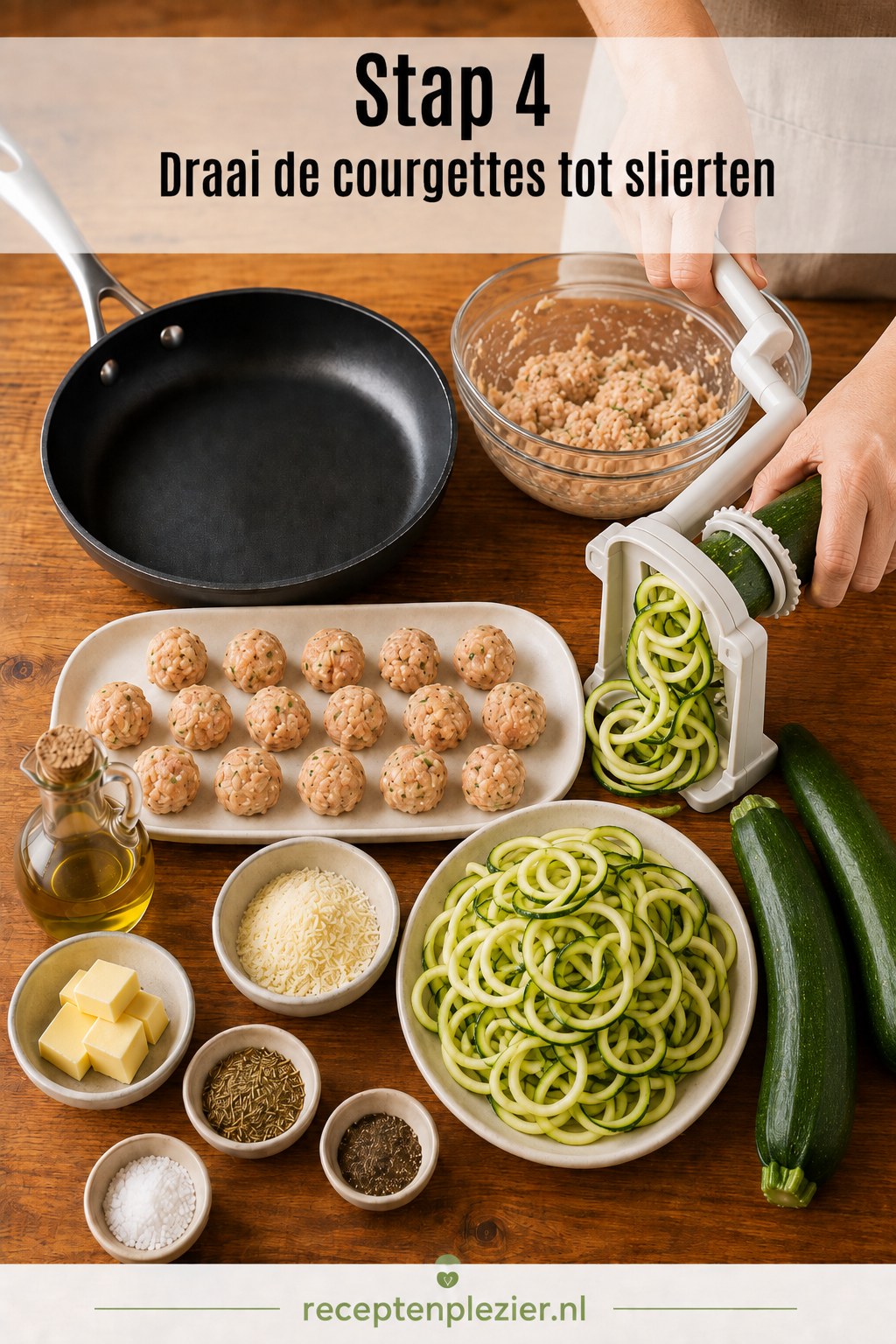Courgettes tot slierten draaien met de spiralizer voor de courgetteslierten