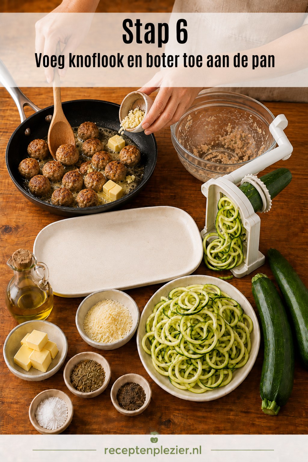 Knoflook en boter toevoegen aan de pan met de gebakken kipgehaktballetjes