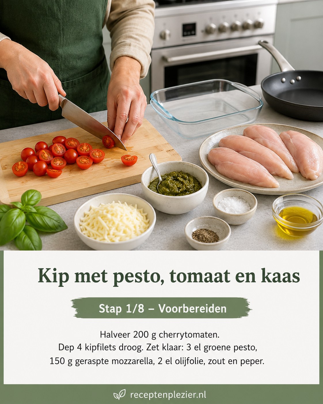 Verse ingrediënten voor een koolhydraatarm diner: cherrytomaten, kipfilet, pesto en mozzarella op het aanrecht.