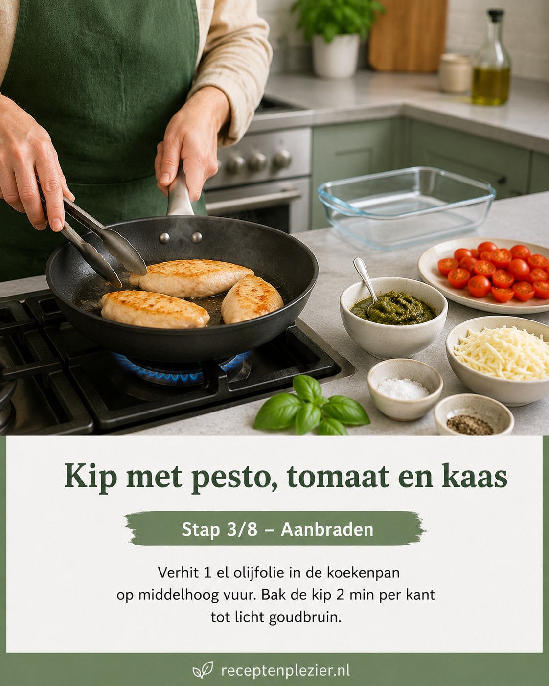 Kipfilets aanbraden in de koekenpan tot een lichtgouden korst, eerste stap van dit koolhydraatarme dinerrecept.