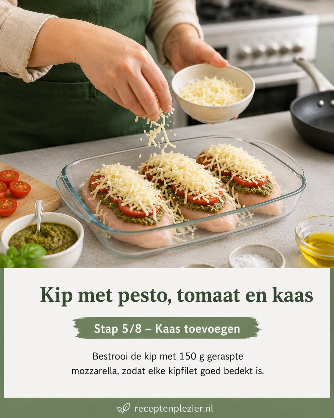 Geraspte mozzarella rijkelijk strooien over de kip met pesto en tomaat, klaar voor de oven.