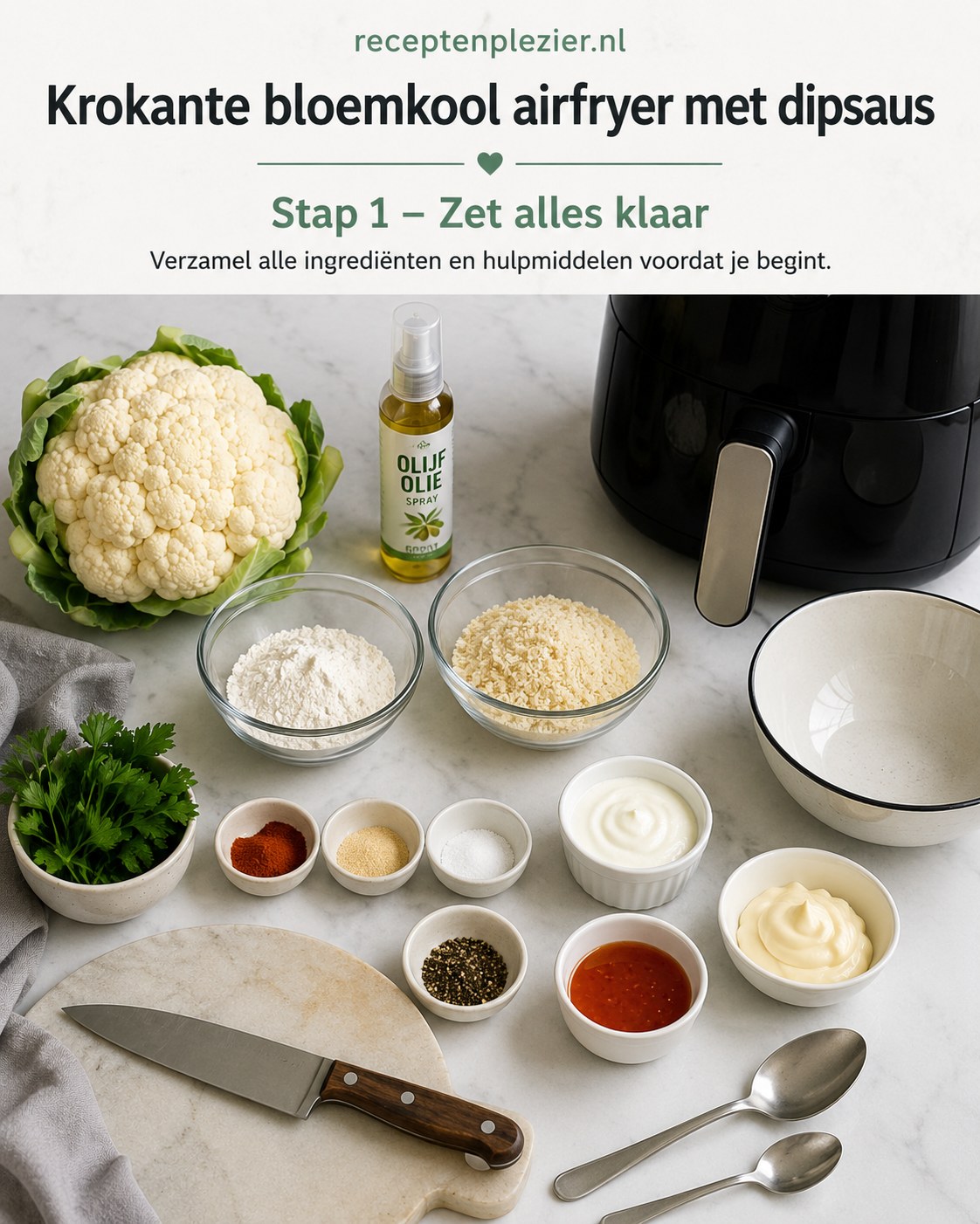 Alle ingrediënten voor krokante bloemkool airfryer met dipsaus klaargezet op het aanrecht