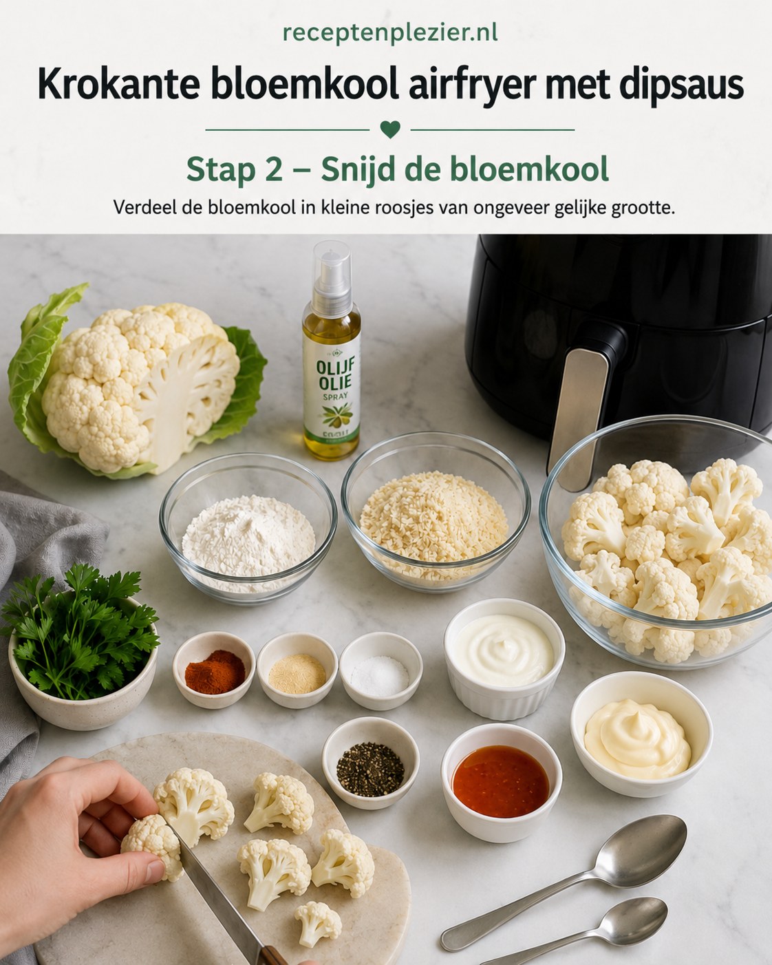 Bloemkool in gelijke roosjes gesneden als voorbereiding op krokante bloemkool uit de airfryer
