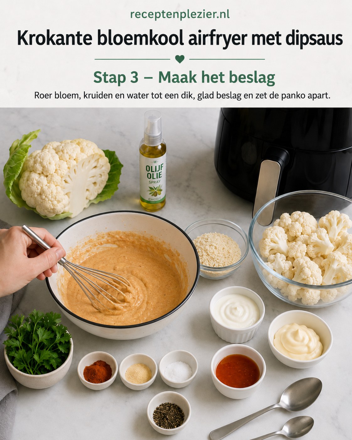Dik en glad beslag kloppen voor de panko-korst van krokante bloemkool airfryer met dipsaus