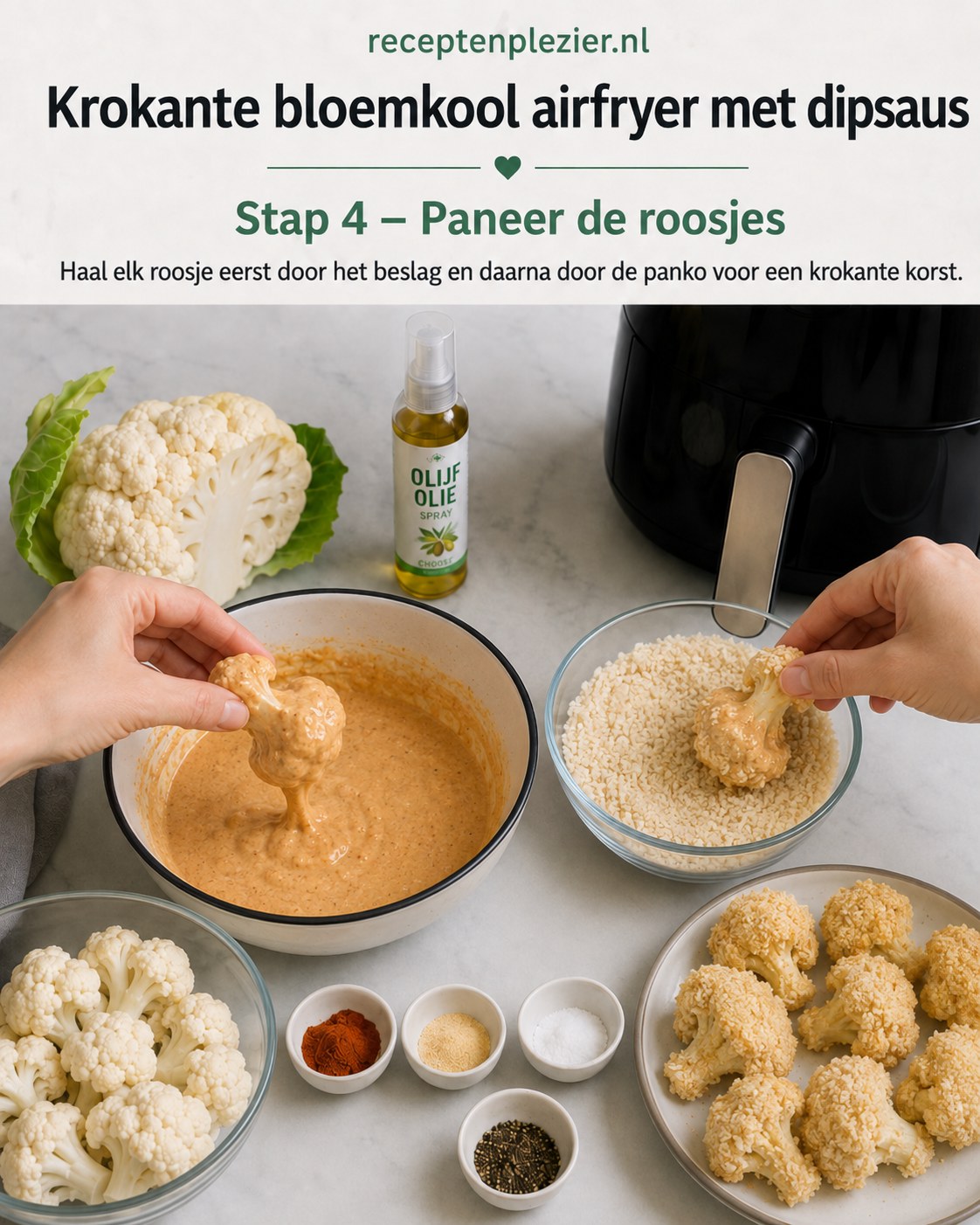 Bloemkoolroosje door beslag en panko halen voor een extra krokante airfryer-korst