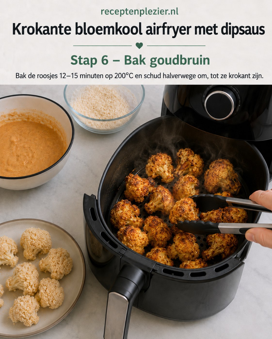 Krokante bloemkool goudbruin gebakken in de airfryer op 200 graden, halverwege omgeschud
