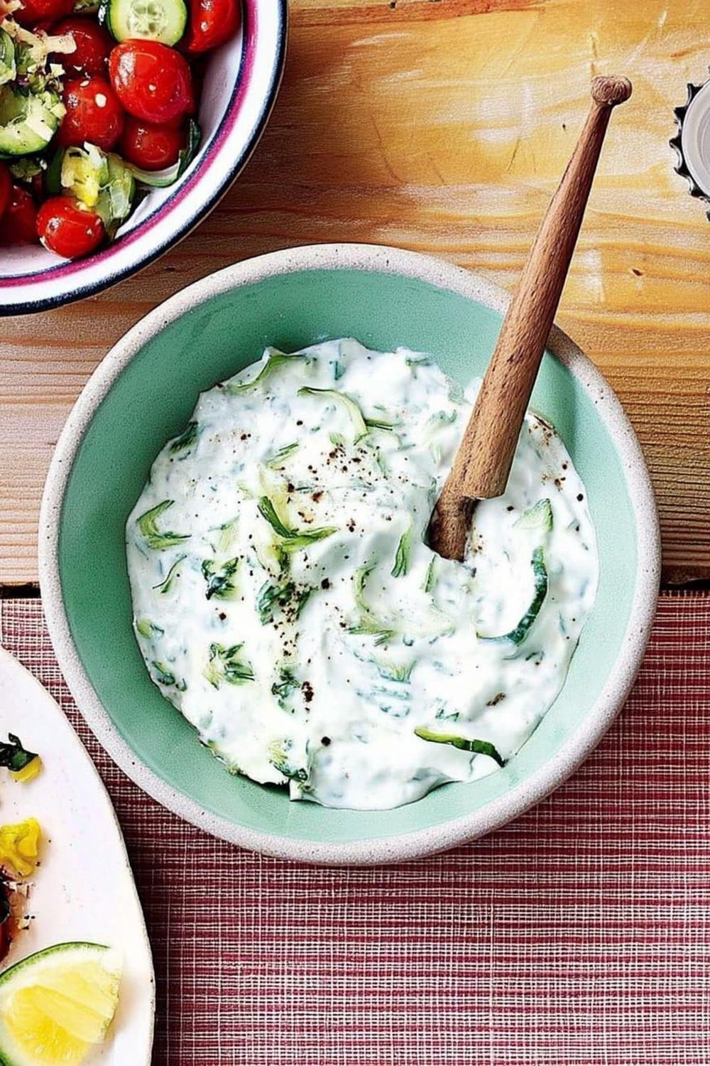 Rustieke tzatziki met houten lepel