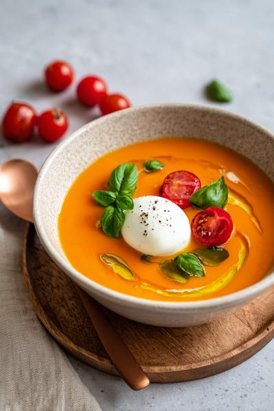 9. Pompoensoep recept met tomaat, basilicumolie en burrata
