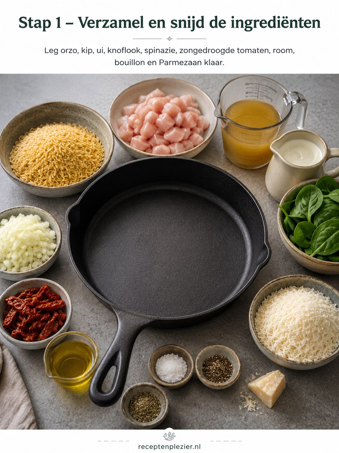 Ingrediënten voor romige orzo met kip en zongedroogde tomaten uitgestald rond een gietijzeren pan