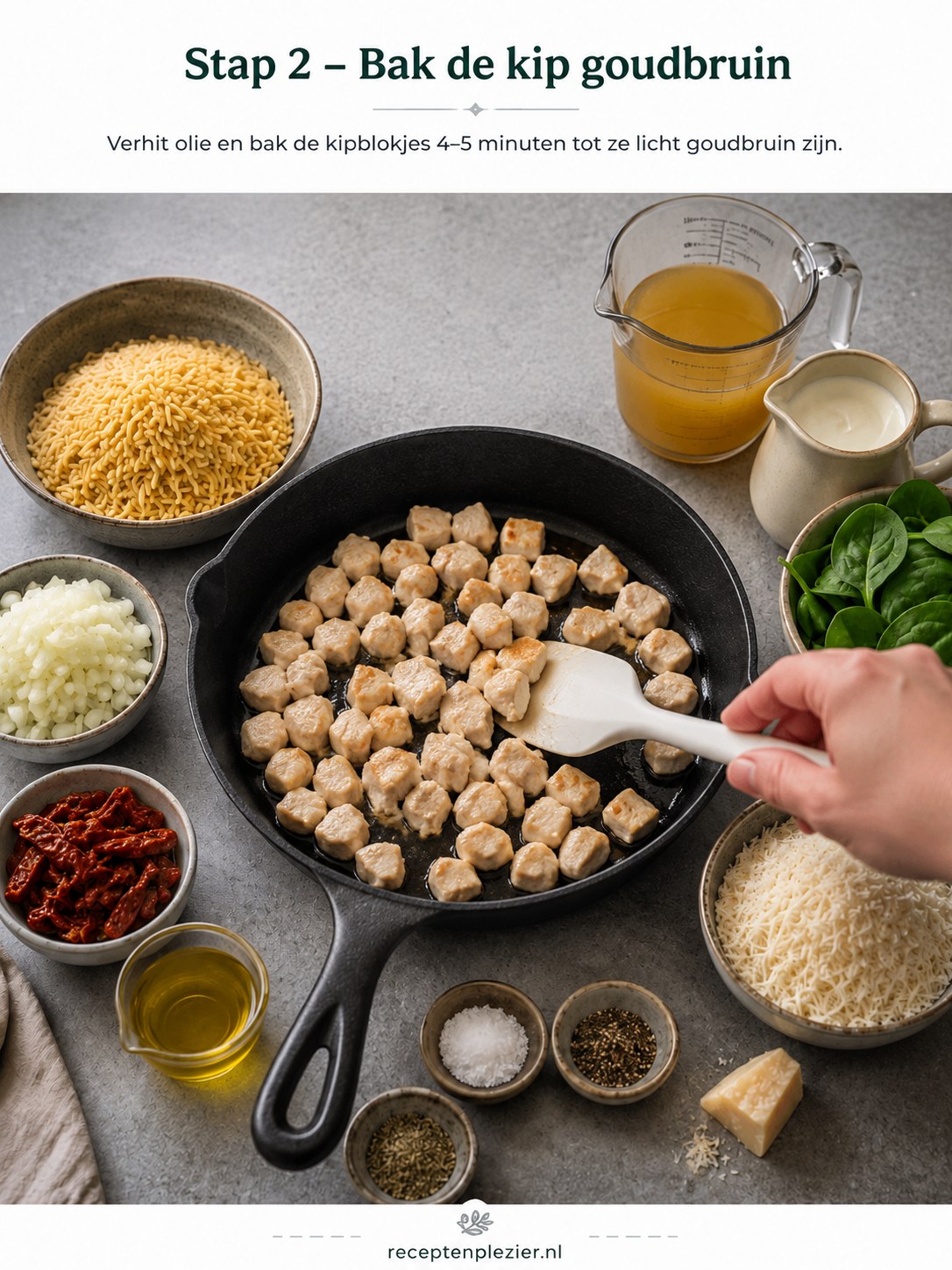 Kipblokjes bakken goudbruin in de pan voor romige orzo met kip en zongedroogde tomaten