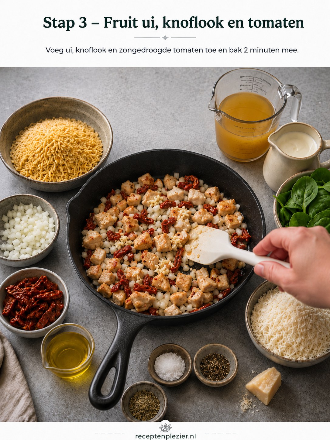 Ui, knoflook en zongedroogde tomaten fruiten samen met de kip in de pan